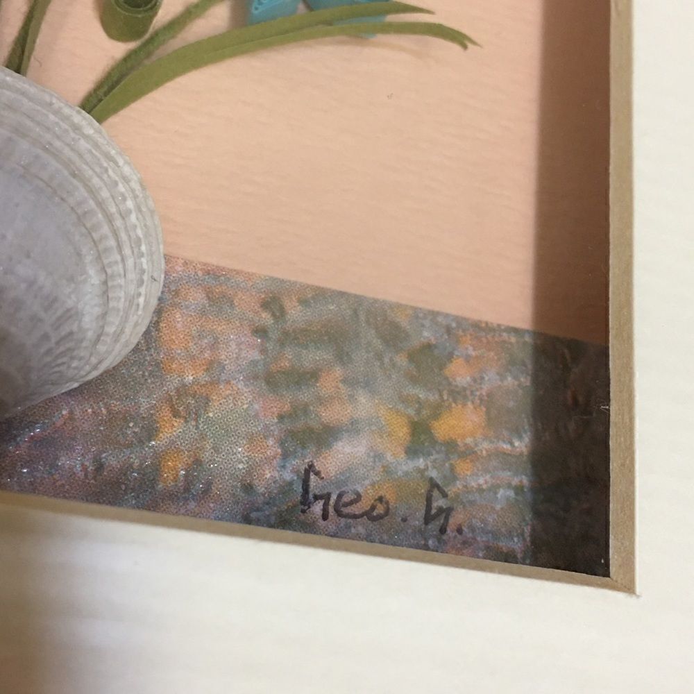 Quill Art Set Artist Signed Floral Shell Motif in Shadow Box - Picture 16 of 16